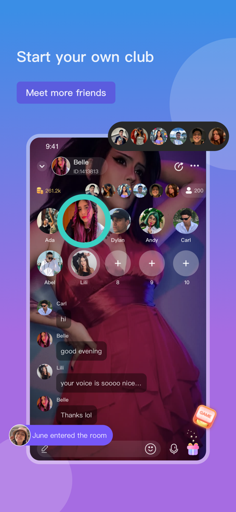 WOMO app interface showing a social club group chat with user profiles and messages