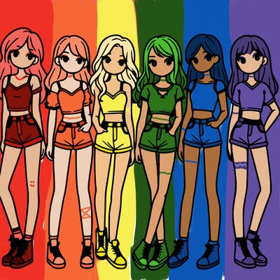 a group of girls wearing crop tops and shorts