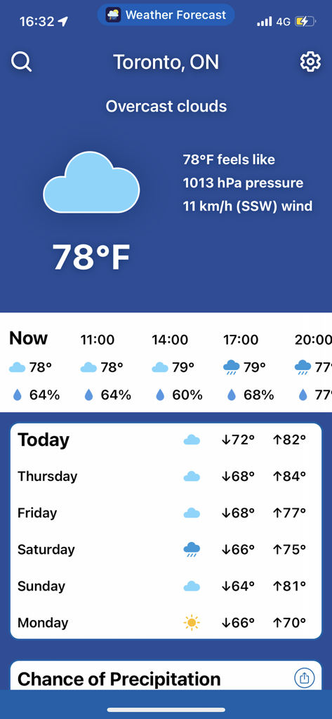 Weather Forecast by Climacam - Weather Forecast by Climacam app screen showing current temperature and a 5-day forecast for Toronto