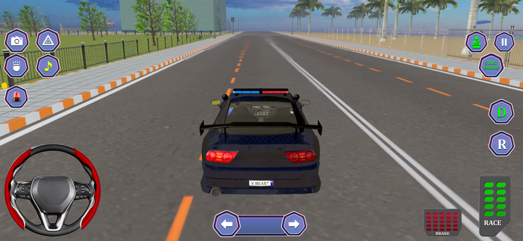 Gameplay screenshot of a 3D police car driving simulator with on-screen steering and controls