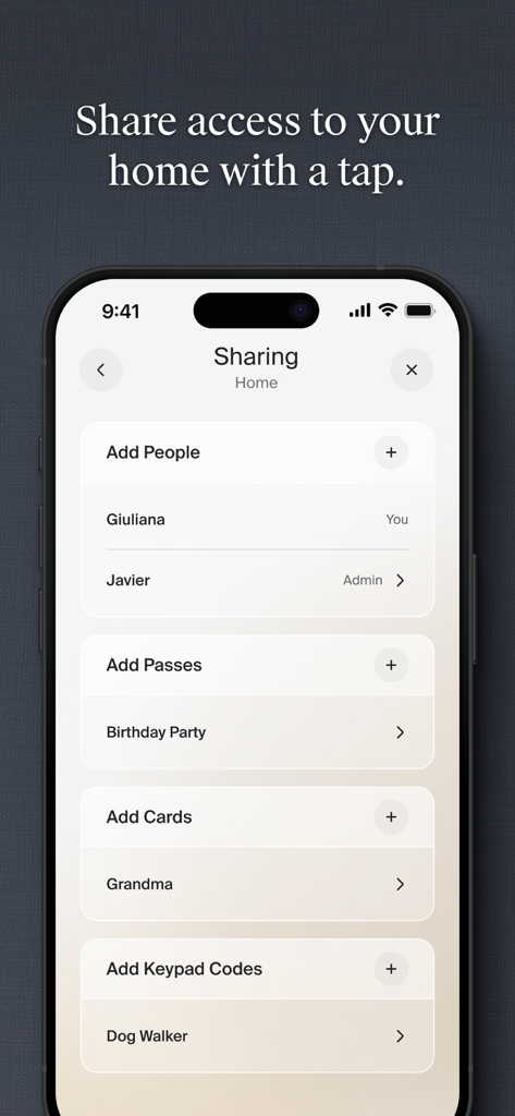 Level Home - Level Home app interface showing how to share digital keys and home access with people and service providers