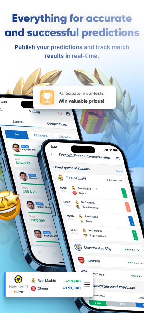 Kush: Betting Predictions - Kush app displaying expert sports tipster rankings and live football game statistics.