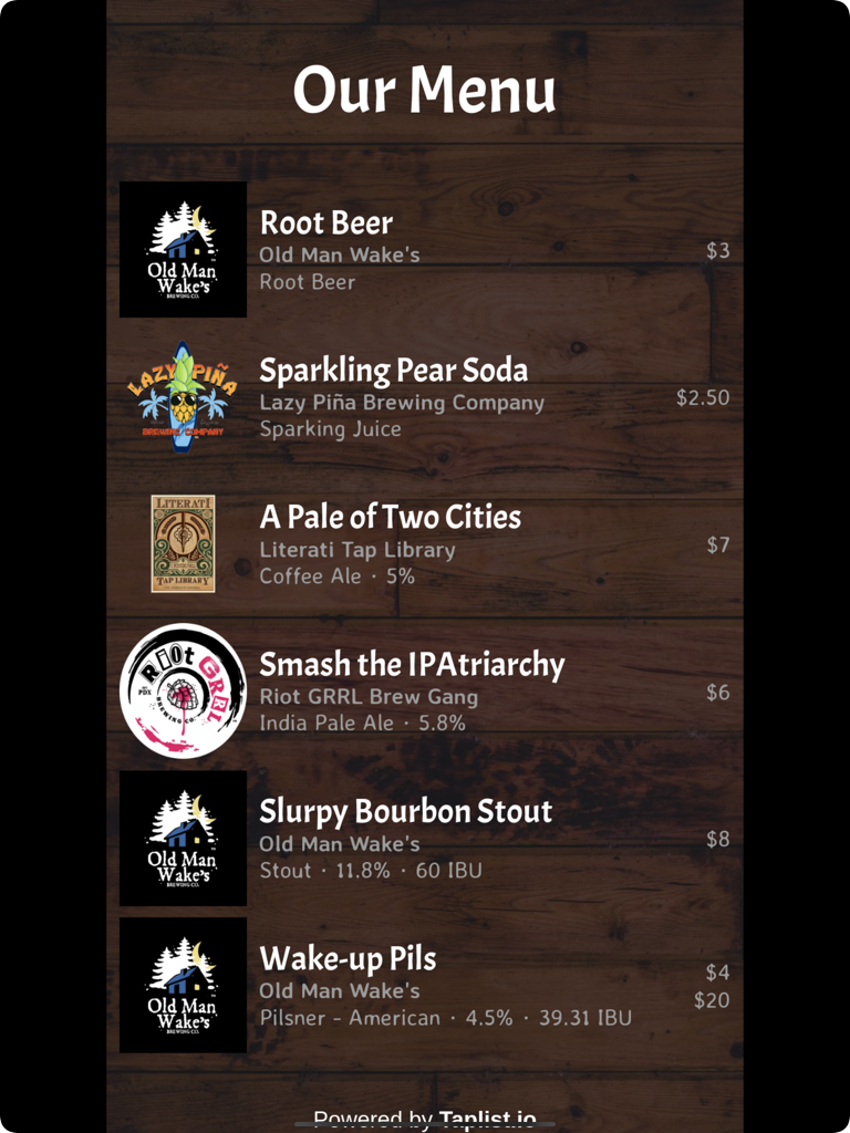 A professional digital beverage menu showing craft beers and sodas on a dark wood background