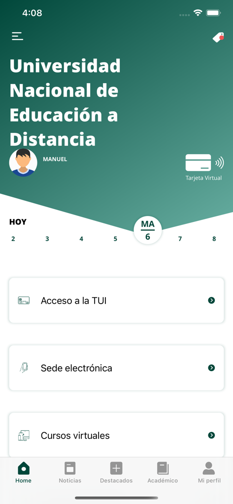 Pantalla de inicio de la app UNED con el carné de estudiante digital y el panel del estudiante