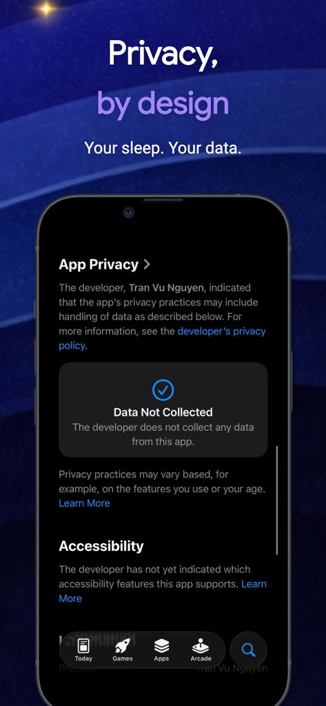 ユーザーからデータが収集されないと述べるAutoSnoreアプリのプライバシーセクションを示すスクリーンショット。