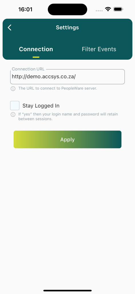 PeopleWare MOBI - PeopleWare MOBI settings screen for server connection URL and stay logged in option