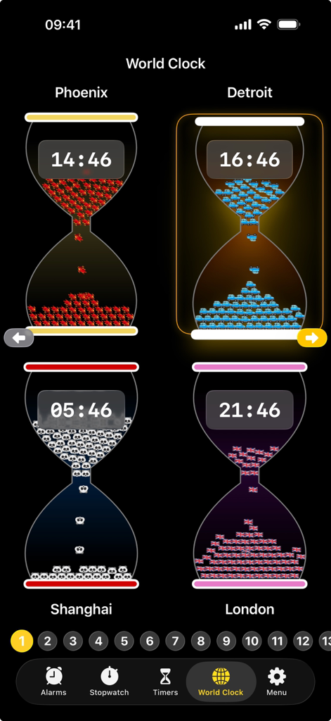 Mojisand: Emoji Sand Timers - Mojisand world clock screen featuring four customized emoji hourglass timers for Phoenix Detroit Shanghai and London