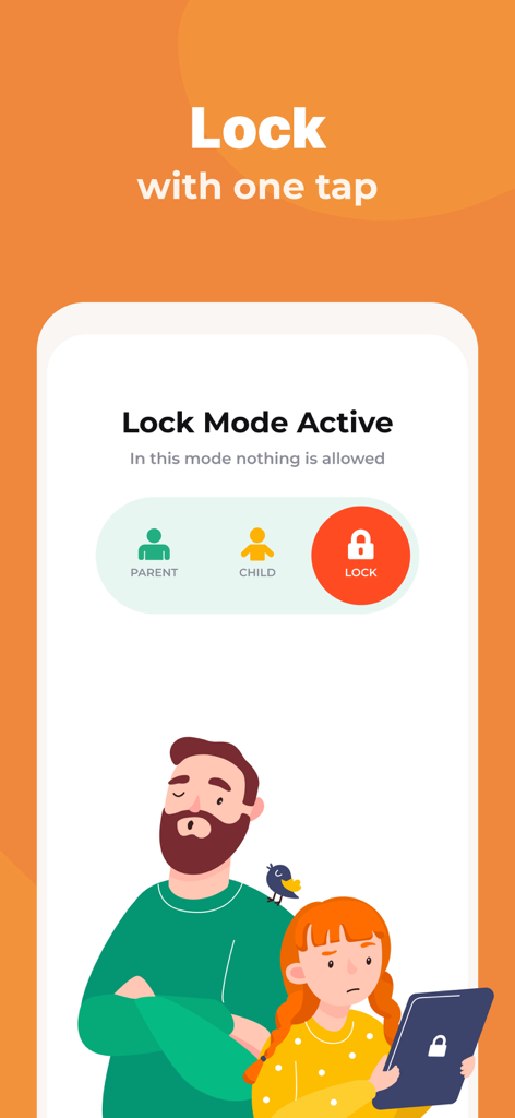 Parental Control App - Kidslox - Kidsloxアプリのインターフェースに、ワンタップロック機能とペアレンタルコントロールモードが表示されています。