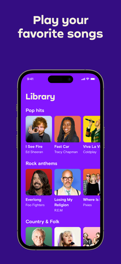 Guitar Tuner - Simply Tune - Simply Tune app song library screen displaying categories for pop hits rock anthems and country songs