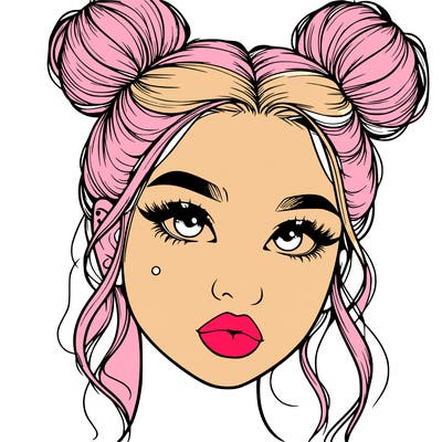 realistic girl with two buns on her hair and lips