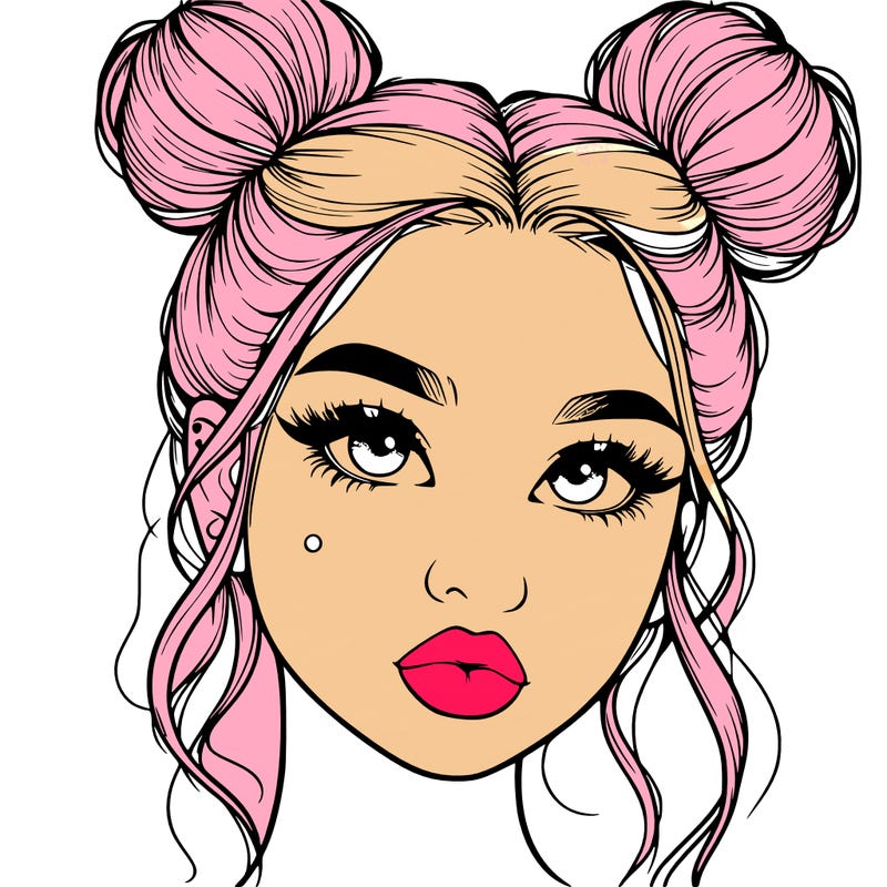 realistic girl with two buns on her hair and lips
