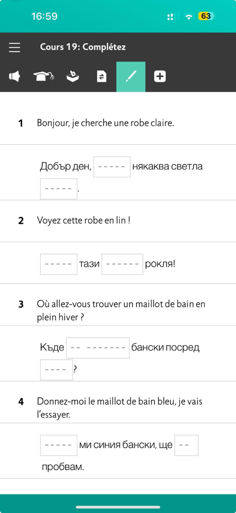 Schermata dell'app Assimil con un esercizio di lingua con compiti di traduzione e completamento.