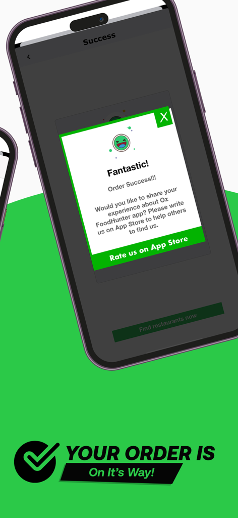 Tela do aplicativo móvel OZFoodHunter mostrando o sucesso do pedido e uma solicitação de avaliação