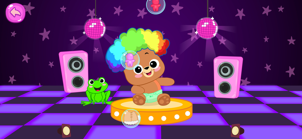 Baby Pet Care Games & Dress up - A cute cartoon bear with a rainbow wig dancing on a disco floor with a green frog and speakers.