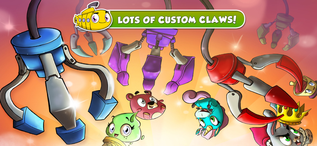 Prize Claw 2 - A variety of colorful custom claws and cute character prizes in the Prize Claw 2 mobile game.