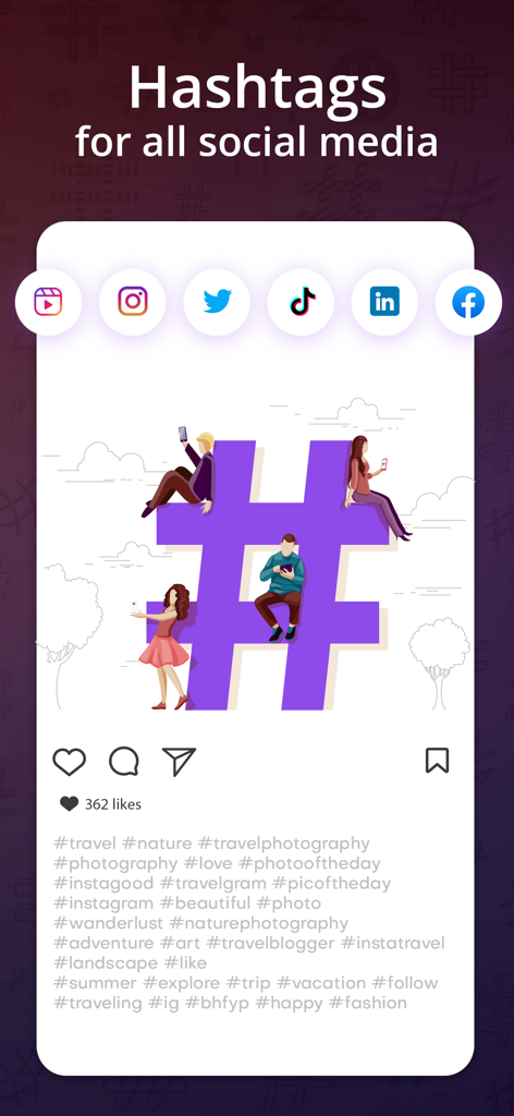Hashtag Generator - Top Follow - Un grande hashtag viola circondato da persone che usano smartphone sopra un elenco di tag di tendenza sui social media.