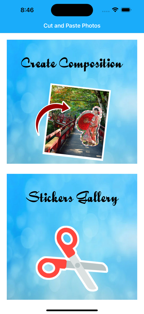 Cut and Paste Photos & Eraser - Menu principal do aplicativo Recorte e Cole Fotos com opções Criar Composição e Galeria de Adesivos em um fundo azul bokeh.