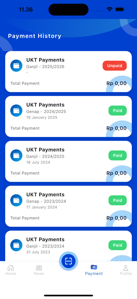 Kampus Kita Mahasiswa - Kampus Kita Mahasiswa app payment history screen showing student tuition payment statuses