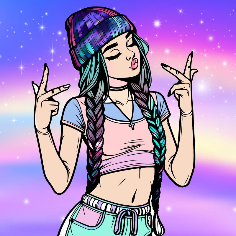 realistic teenage girl with braids and a beanie and crop top doing 🫶🏼