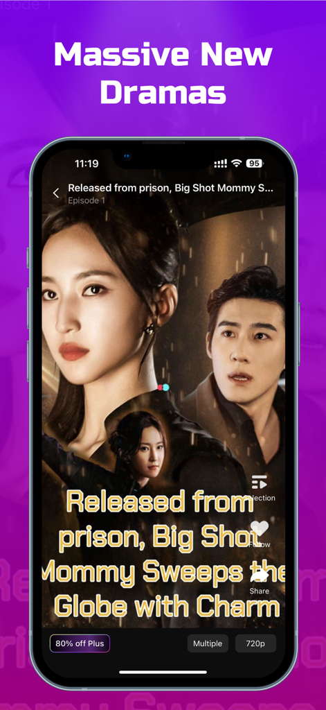 Drama Max - Short Drama Reels - Schermata di uno smartphone che mostra un dramma breve di tendenza intitolato Released from prison Big Shot Mommy sull'app Drama Max con l'intestazione Massive New Dramas.