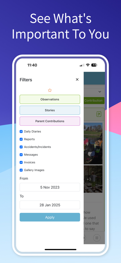 Learning Journals ParentZone app filter menu for selecting observations, reports, and messages.