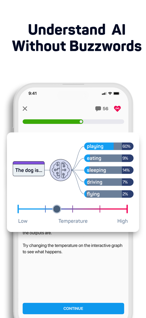 Uma aula interativa no aplicativo Learn AI explicando a previsão de palavras e as configurações de temperatura sem jargões técnicos