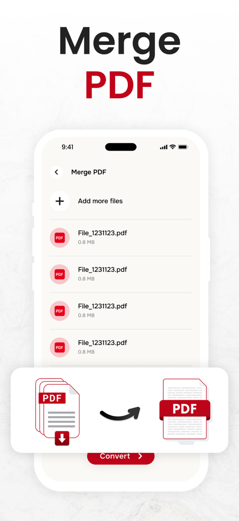 A mobile app interface displaying the merge PDF feature with a list of files to be combined