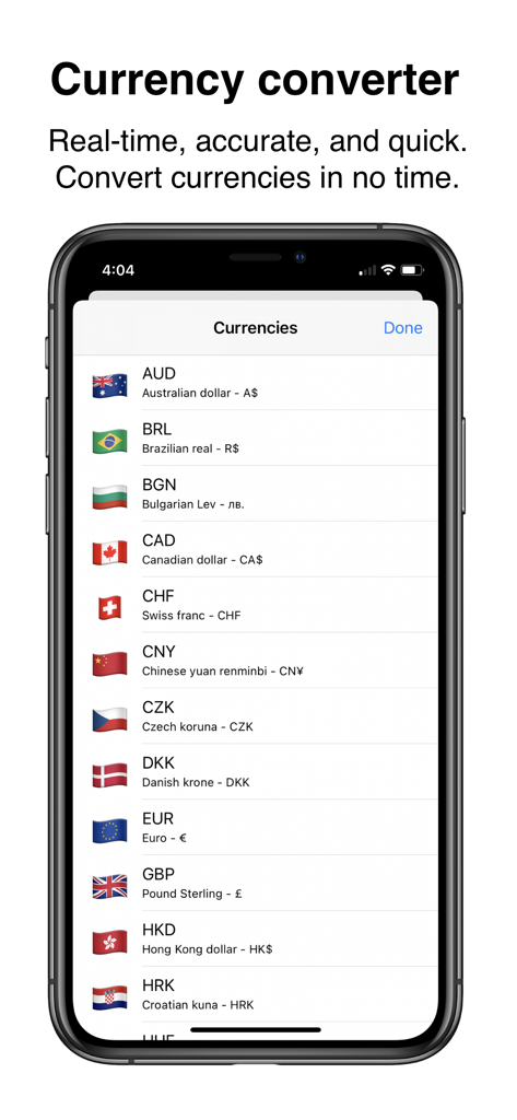 Money-Wise - Schermata del convertitore di valuta dell'app Money-Wise che mostra valute internazionali