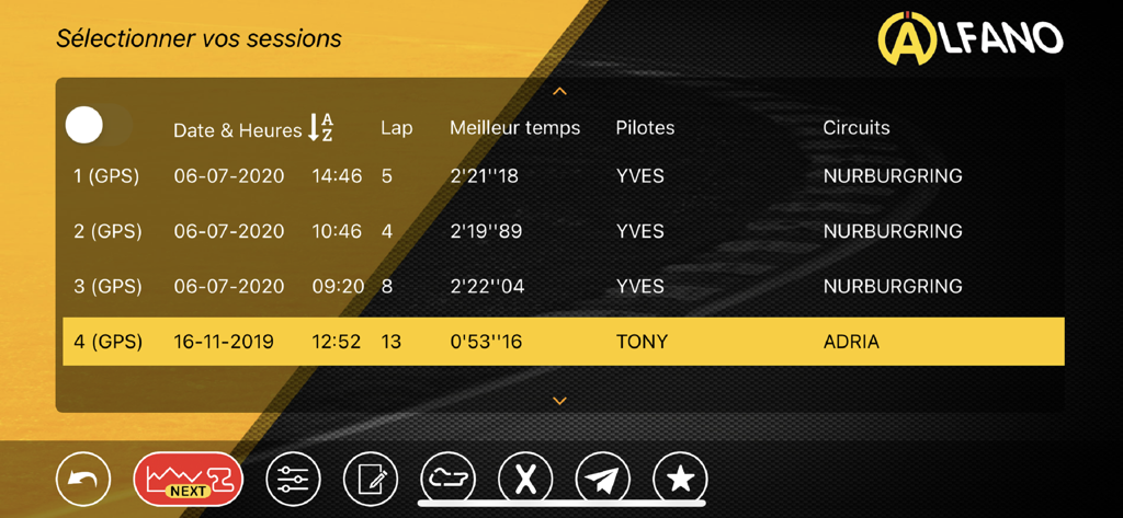 Pantalla de historial de sesiones de carreras ALFANO ADA mostrando tiempos por vuelta y datos de circuito para Nürburgring y Adria