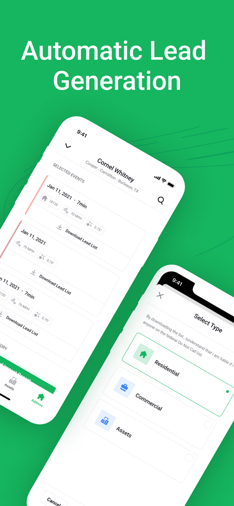Hail Trace - Hail Trace app interface showing automatic lead generation and options to select residential or commercial leads