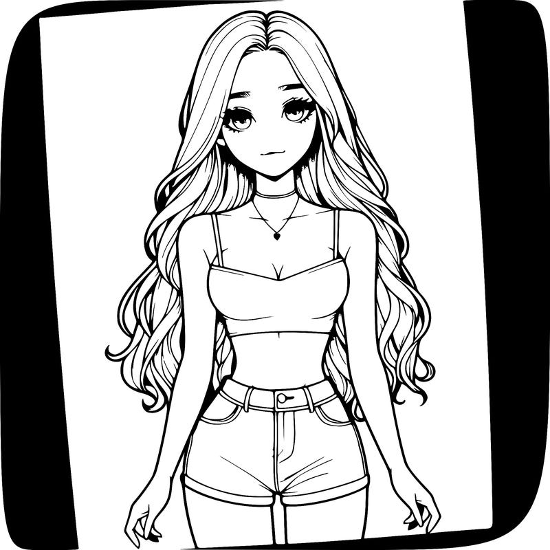 a realistic girl with long hair and in a crop top and shprts
