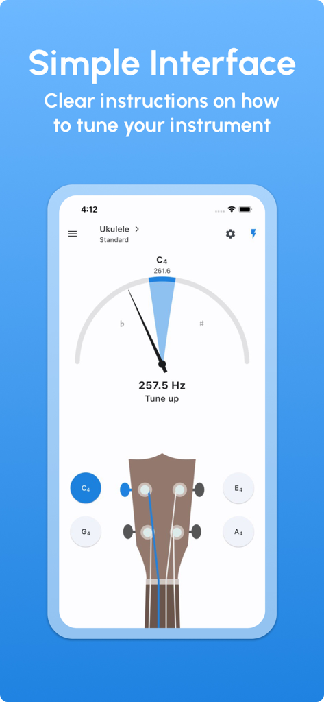 The simple interface of the Ukulele Tuner app showing clear instructions for tuning an instrument