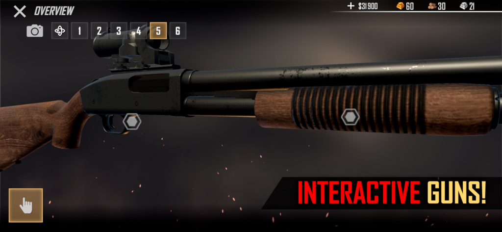 American Marksman - A close up view of a realistic shotgun in the interactive gun customization menu of the American Marksman mobile game.