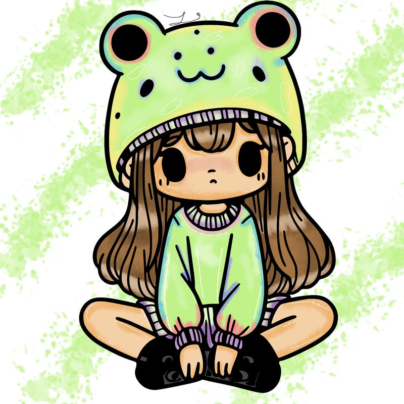 a girl wearing a frog hat and some frog socks