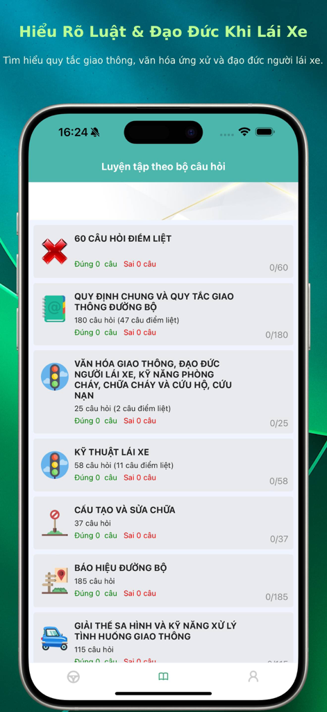 Mobile app screen showing various categories for studying the Vietnamese driving license theory exam including critical questions and traffic rules.