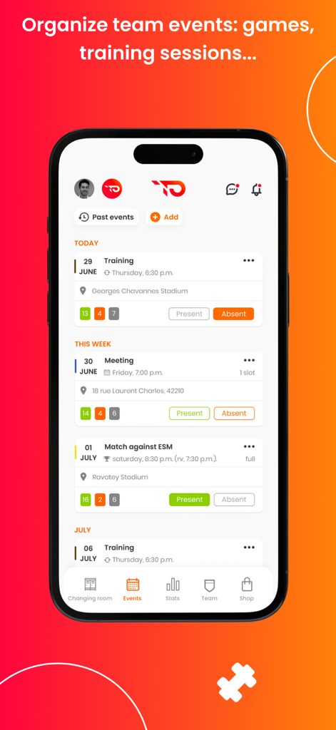 TeamPulse - Team management - TeamPulse app interface displaying a schedule of team events including training sessions and matches with RSVP options