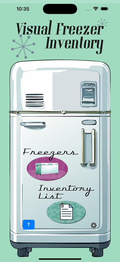 Visual Freezer Inventory - Pantalla principal de la aplicación Visual Freezer Inventory mostrando un refrigerador retro con enlaces a la gestión del congelador y listas de inventario.