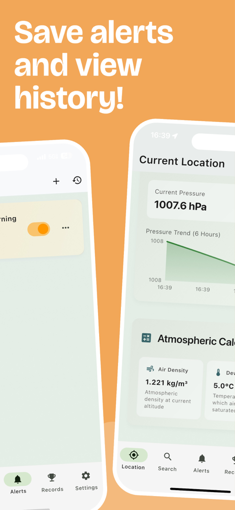 Altitude Attitude - Altitude Attitude app screens showing atmospheric pressure data and alert history features