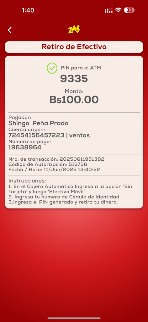 ZA$ - Pantalla de la app ZA que muestra una confirmación de retiro de efectivo sin tarjeta con un PIN de cajero y instrucciones para Banco Económico