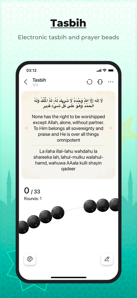 Athan 360: Prayer Times - Digital tasbih and prayer bead counter screen in the Athan 360 app