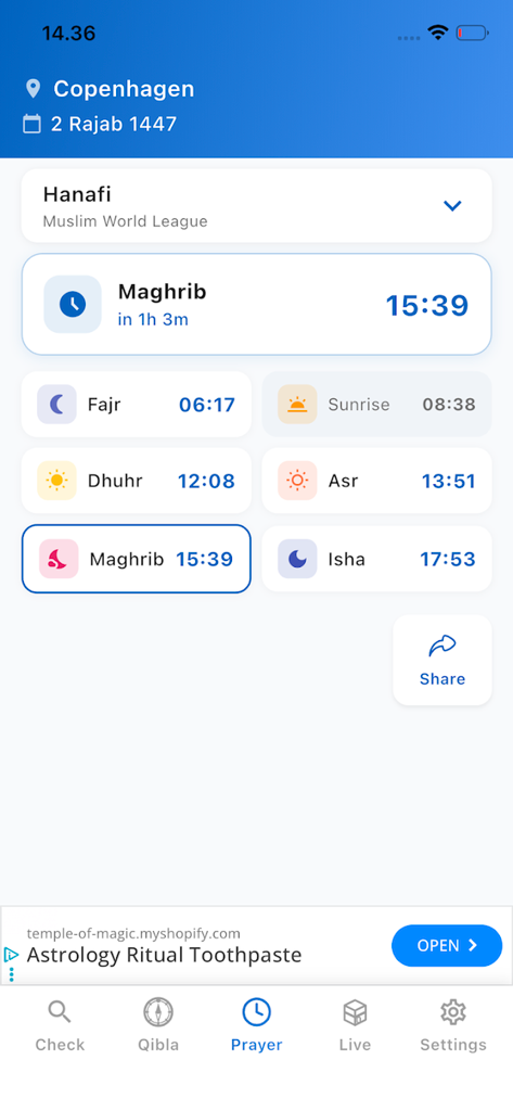 Halal Check حلال - Halal Check app prayer times screen showing daily Islamic prayer schedule and Hijri date