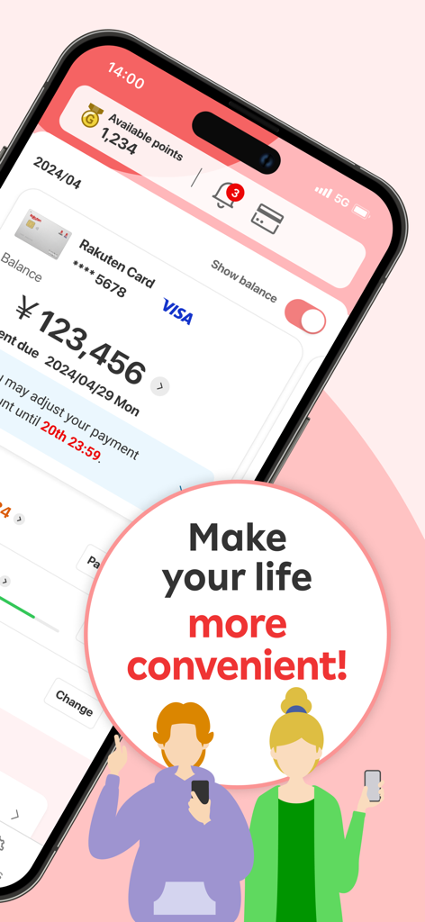 Rakuten Card Lite - Interface of the Rakuten Card Lite app displaying account balance and reward points in English with a slogan about convenience