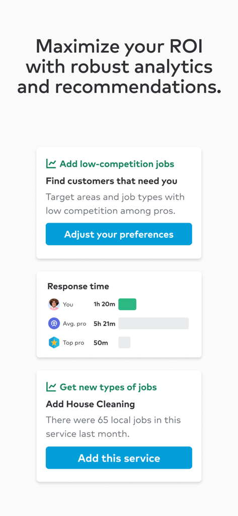 A screenshot of the Thumbtack for Professionals app interface showing ROI analytics, response time comparisons, and service recommendations.