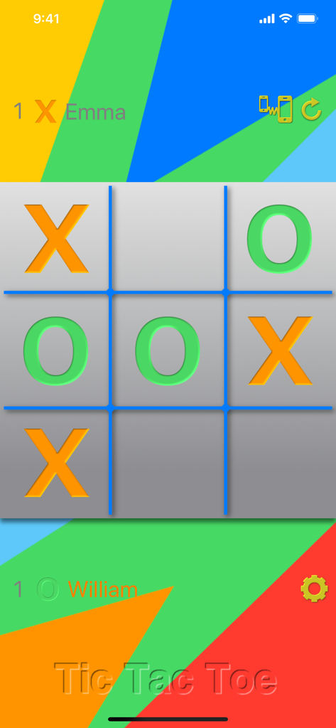 Partie de jeu Tic Tac Toe avec des caractères X orange et O verts
