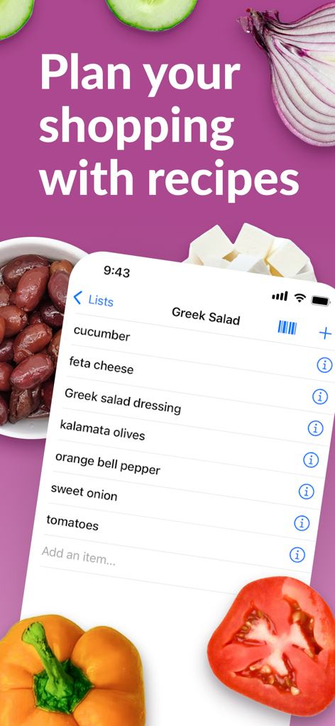 Our Groceries app displaying a Greek Salad ingredient shopping list