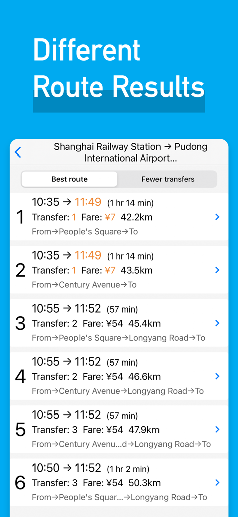 MetroMan Shanghai - Captura de pantalla de la aplicación MetroMan Shanghai que muestra diferentes opciones de ruta de metro con información de tiempo de viaje y tarifa
