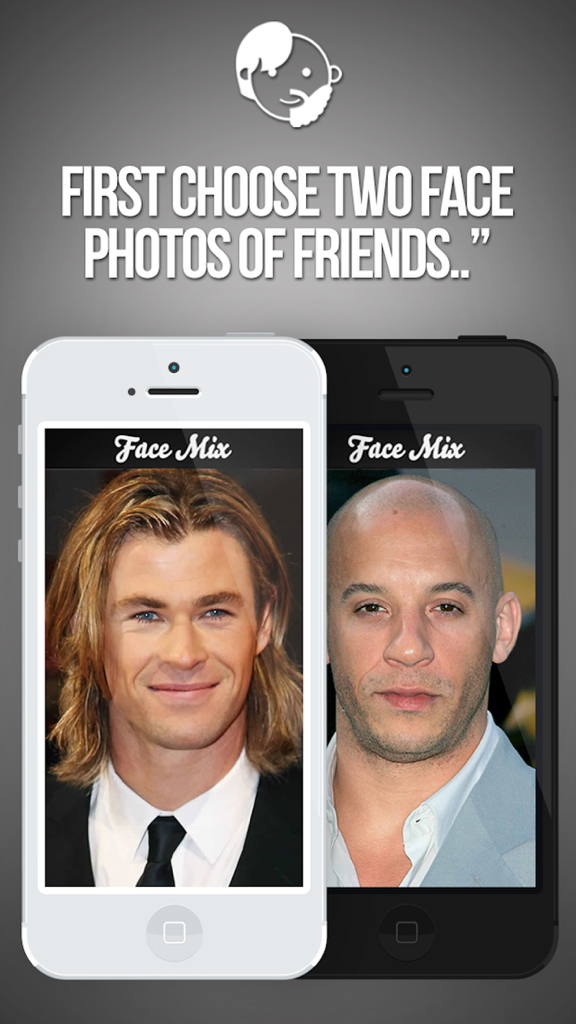 Combine Two Faces With FaceMix - FaceMix app interface showing a selection of two celebrity faces on mobile phones ready for blending.
