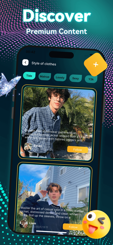 Outfy App-Oberfläche, die den Entdecken-Bildschirm mit Benutzerprofilen und Kategorien für Kleidungsstile zeigt