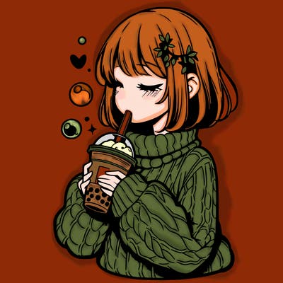 manga girl drinking boba in cozy sweater