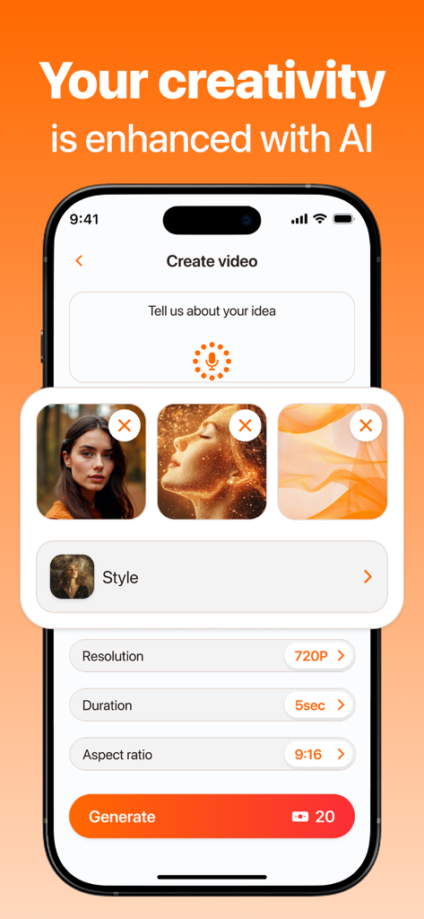 FlashLoop AI: Video Maker - A mobile app screen for FlashLoop AI showing the video generation interface with options for text prompts, image selection, and video settings like resolution and aspect ratio.